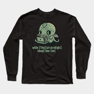 Chibi Cthulhu Programmer - sleep() till the stars are right Long Sleeve T-Shirt